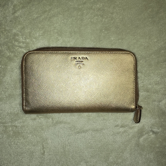 Prada Saffiano Metallic Gold Zip-Around Long Wallet
